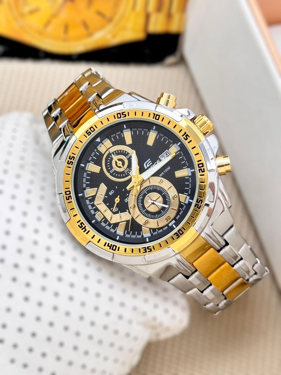 edifice watch with gold dial & silver metal strap